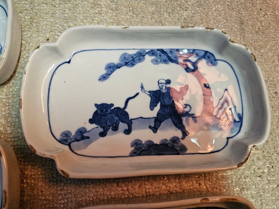 明治 古伊万里？ 京焼？ 古染付け写し 懐石用 虎に人 5客セット＋4客合計9客