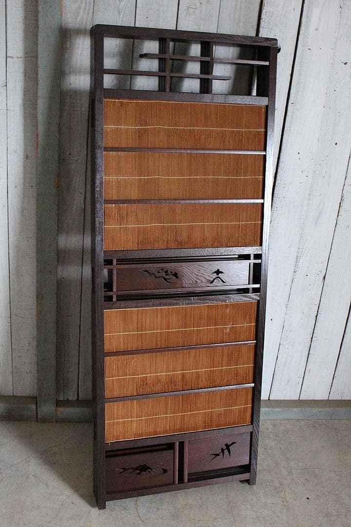 高級　桑材枠×竹簾　屏風　衝立　目隠し　四つ折り　透かし彫り　古民家　古道具