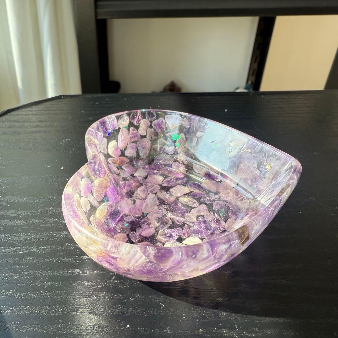 【*tomo*】アメジスト細石のハートお皿　置物NO.012104