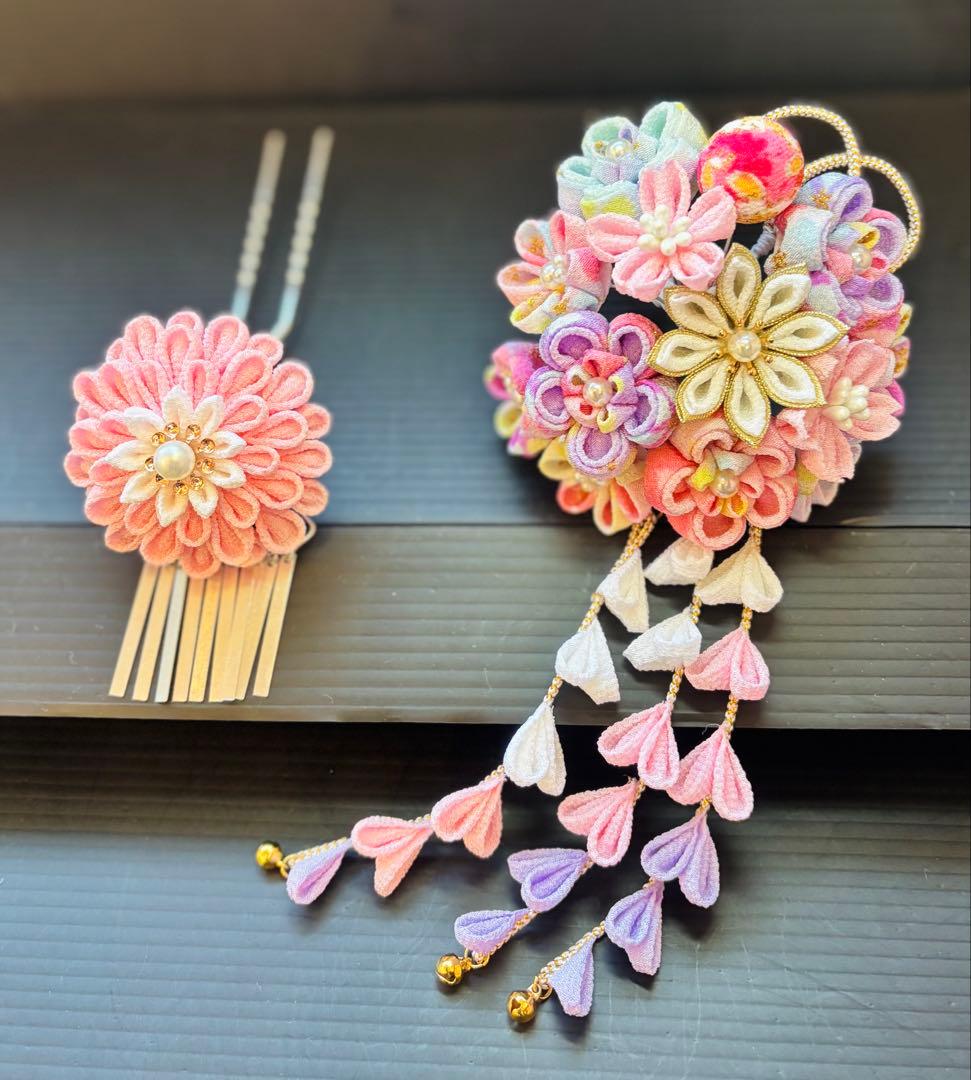 七五三髪飾りセット つまみ細工 パステルカラー 桜色×白色