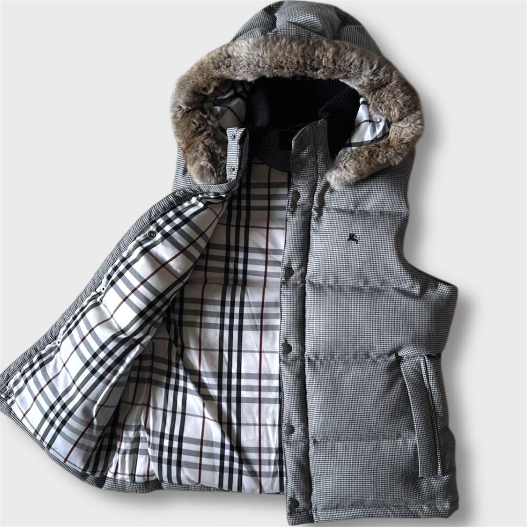 極美品バーバリーブラックレーベル 千鳥 フード ノバ ファー ダウン ベスト
