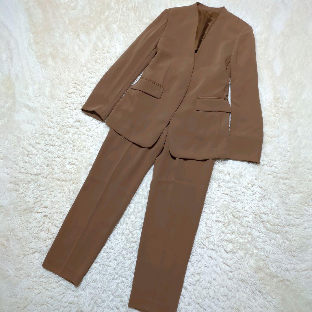 極美品！ROPE　ノーカラーパンツスーツセットアップ　M　ブラウン　ストレッチ