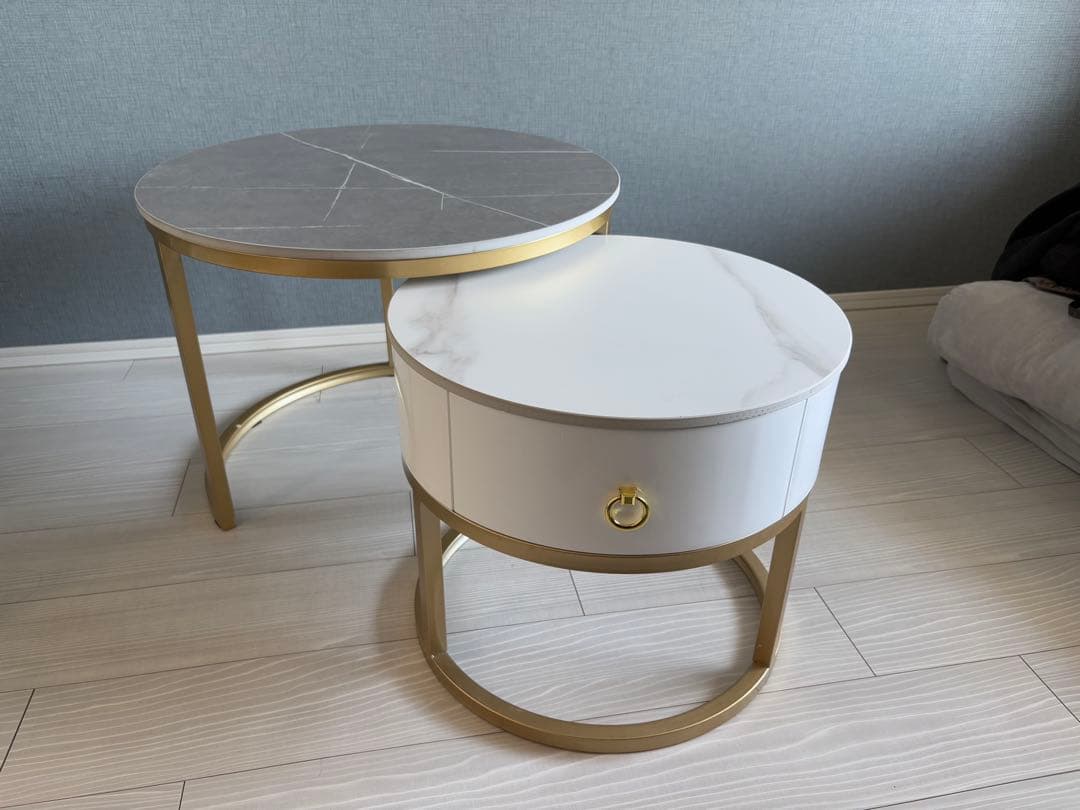 センターテーブル 大理石柄セラミック 伸縮 丸2個セット　収納付　ローテーブル