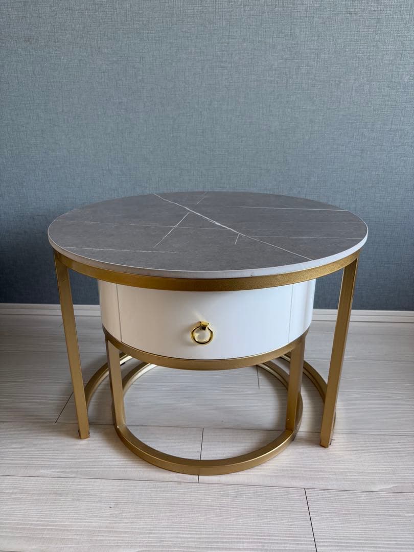 センターテーブル 大理石柄セラミック 伸縮 丸2個セット　収納付　ローテーブル