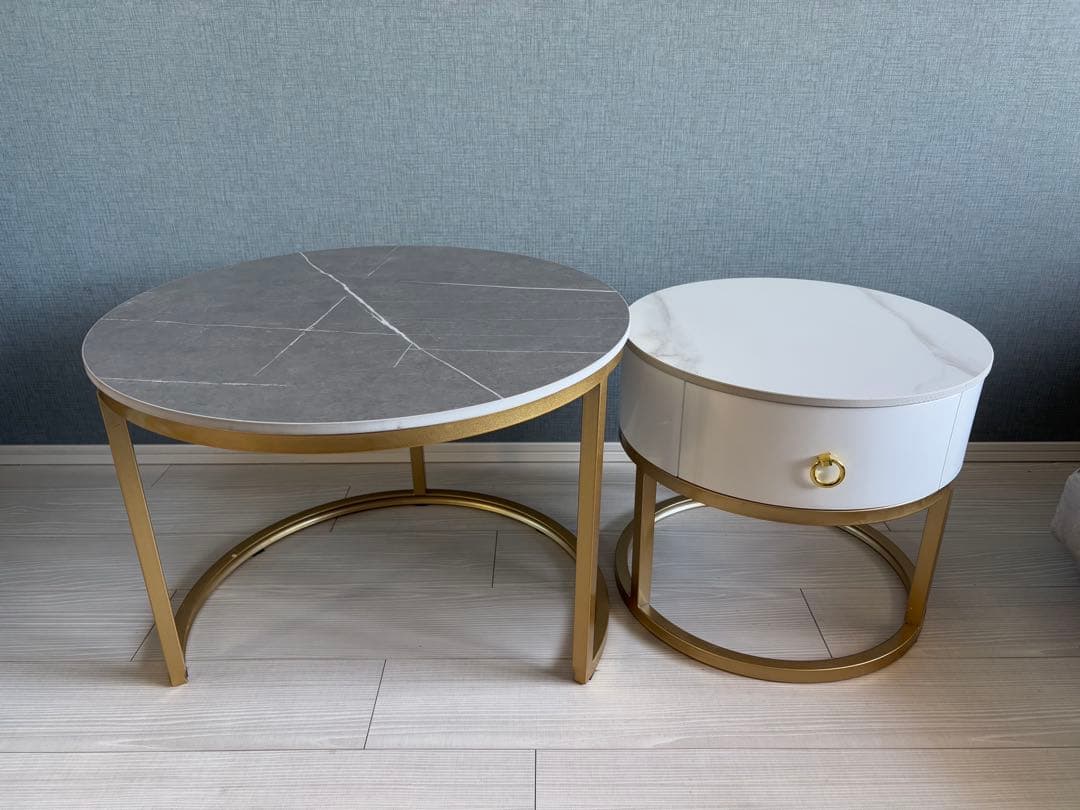 センターテーブル 大理石柄セラミック 伸縮 丸2個セット　収納付　ローテーブル