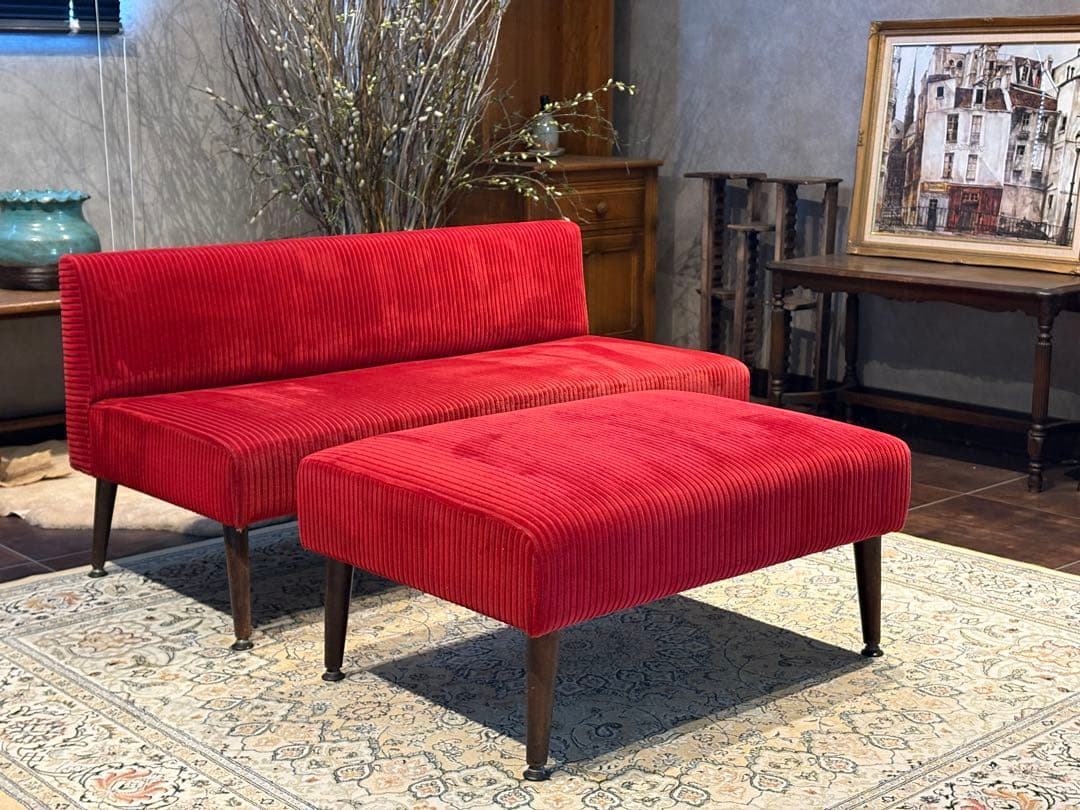 コーデュロイ 2人掛けソファ 2Pソファ オットマン アンティーク nY