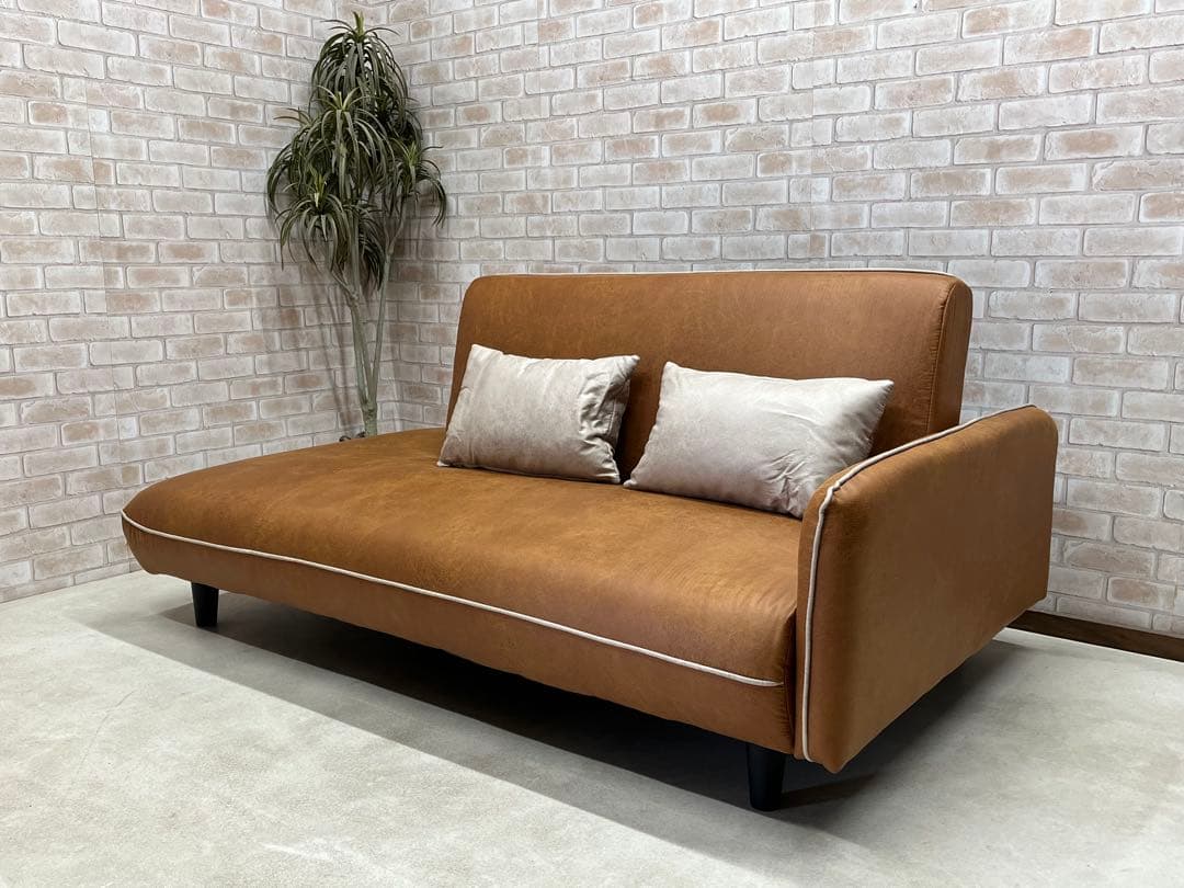 ソファーベッド　ソファ　レザーファブリック　キャメル　新品