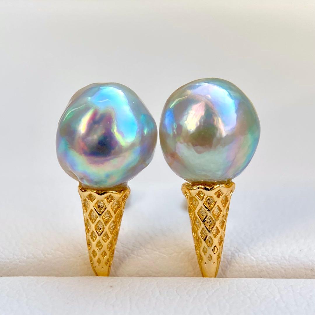 本真珠あこや真珠　青虹色9.5×9㍉s925アイスピアスBL926