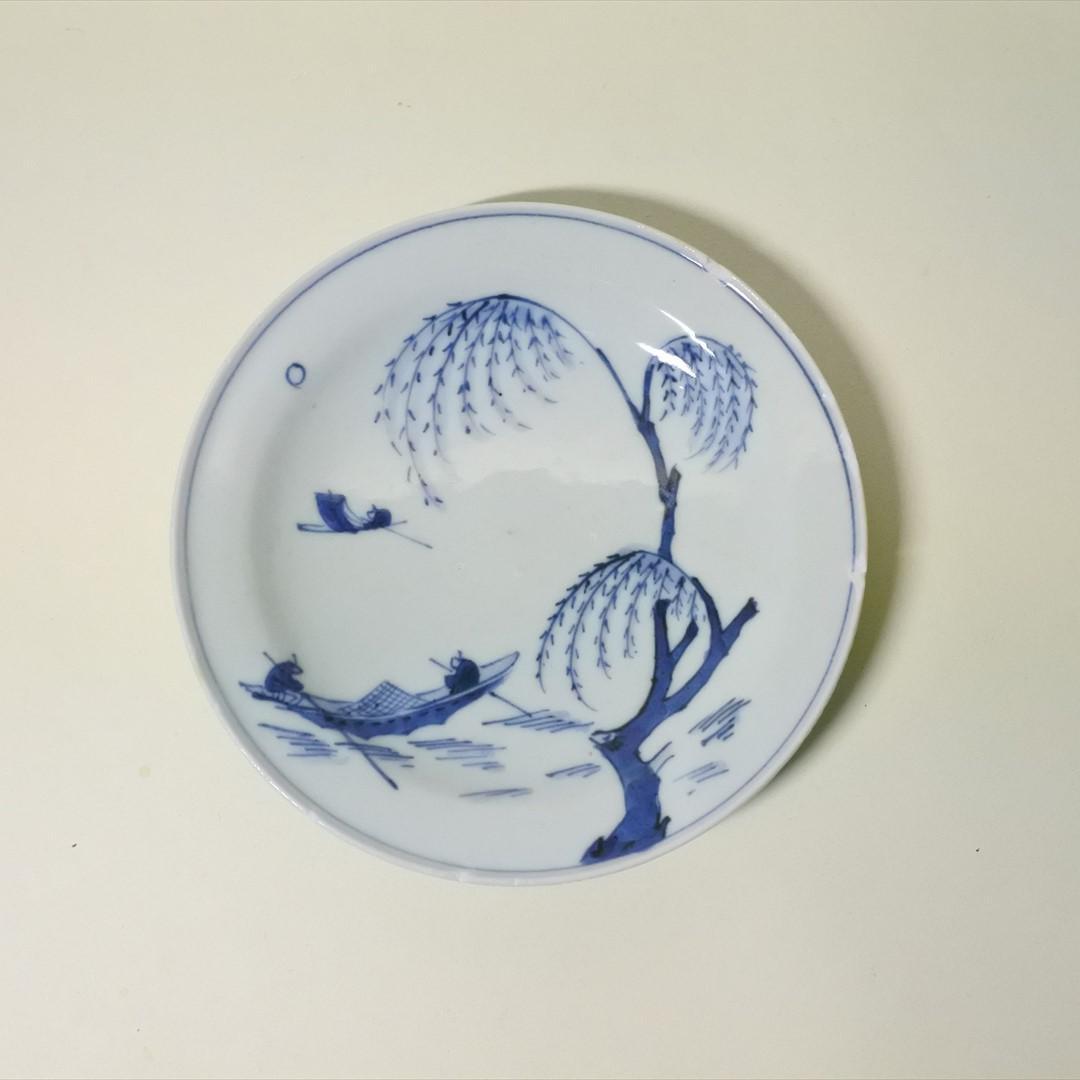 中国　明末清初　古染付　柳　人物　舟　皿　骨董品　アンティーク　j