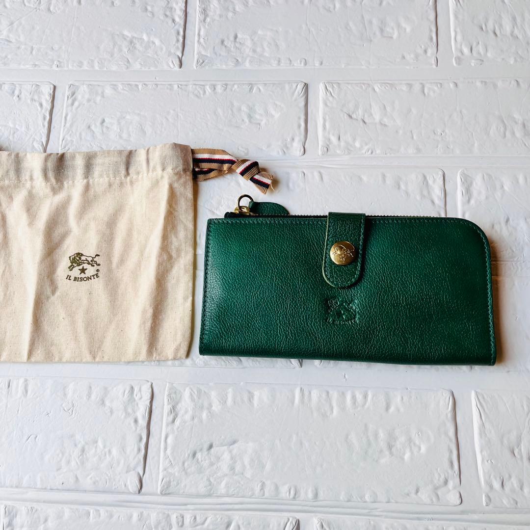 【新品タグ付き】IL BISONTE 長財布 グリーン ファスナー 巾着