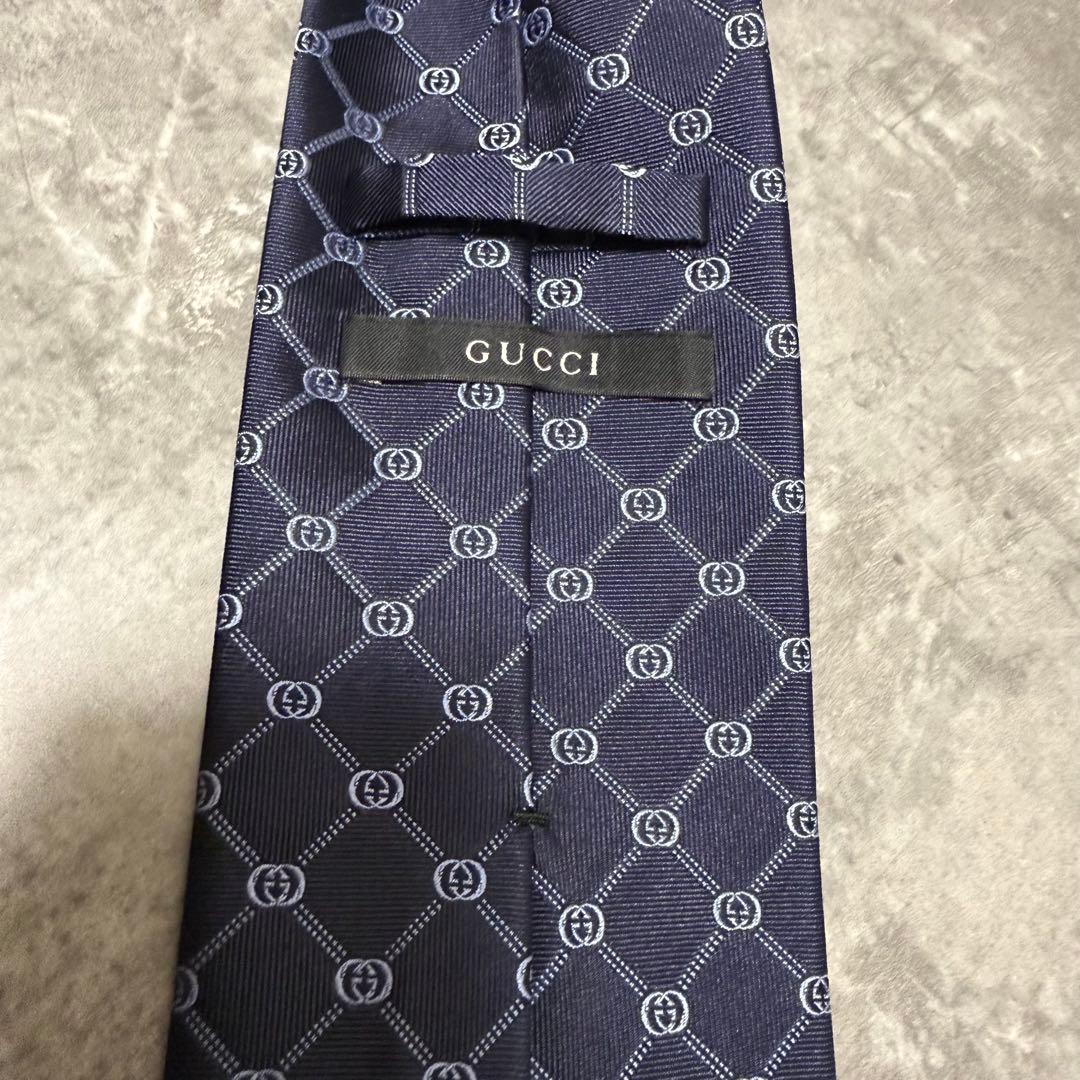 未使用級 GUCCI グッチ ネクタイ インターロッキング GG柄 ネイビー 紺