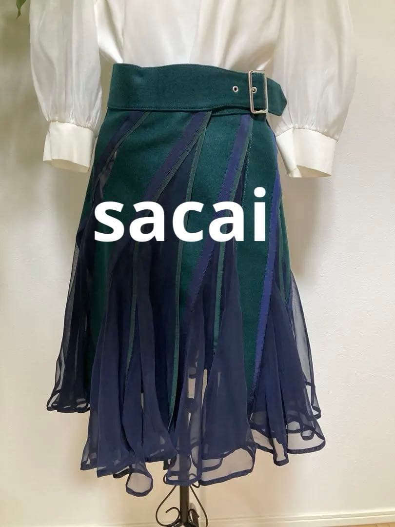 【美品】サカイ　sacai ダークネイビーandグリーン　フレア巻きスカート
