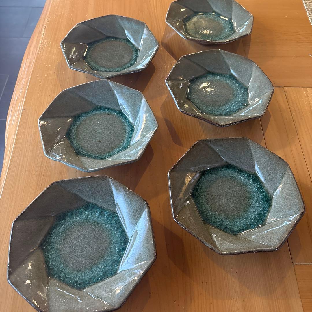 八角形皿　丹波立杭焼　青緑ガラス釉　6枚セット　丹山窯　新品