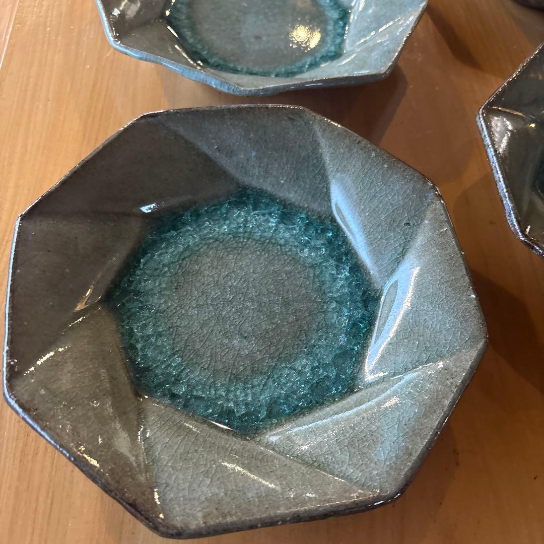 八角形皿　丹波立杭焼　青緑ガラス釉　6枚セット　丹山窯　新品