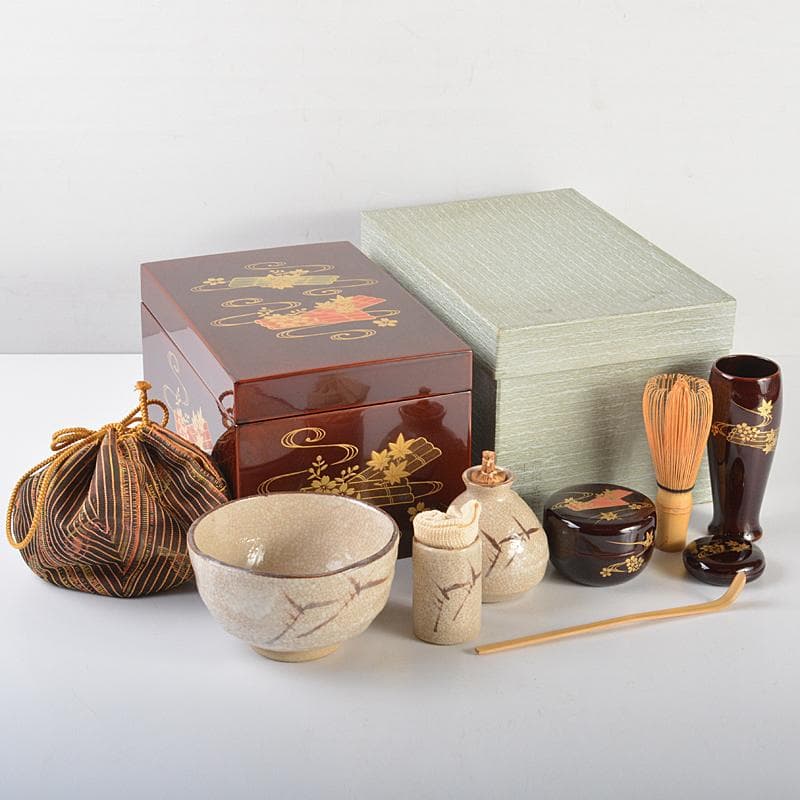 茶道具　溜塗　花筏蒔絵　茶箱　茶碗　棗など　八点　一式　V　R7073