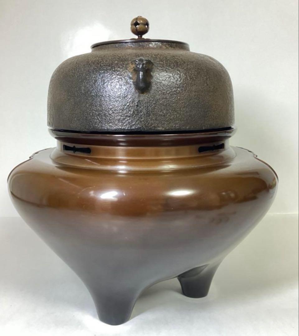 茶道具 古物品 唐銅朝鮮風炉 平丸釜添 釜師 喜左衛門 風炉師 宗喜 小板付