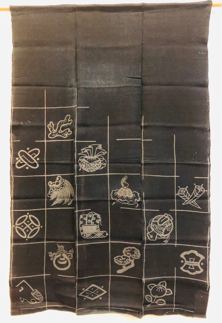藍染筒描き三巾加賀のれん時代物木綿古布　ソ-217