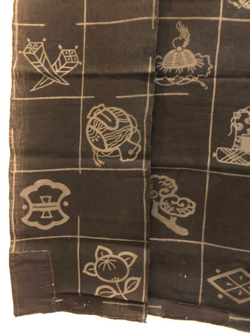 藍染筒描き三巾加賀のれん時代物木綿古布　ソ-217