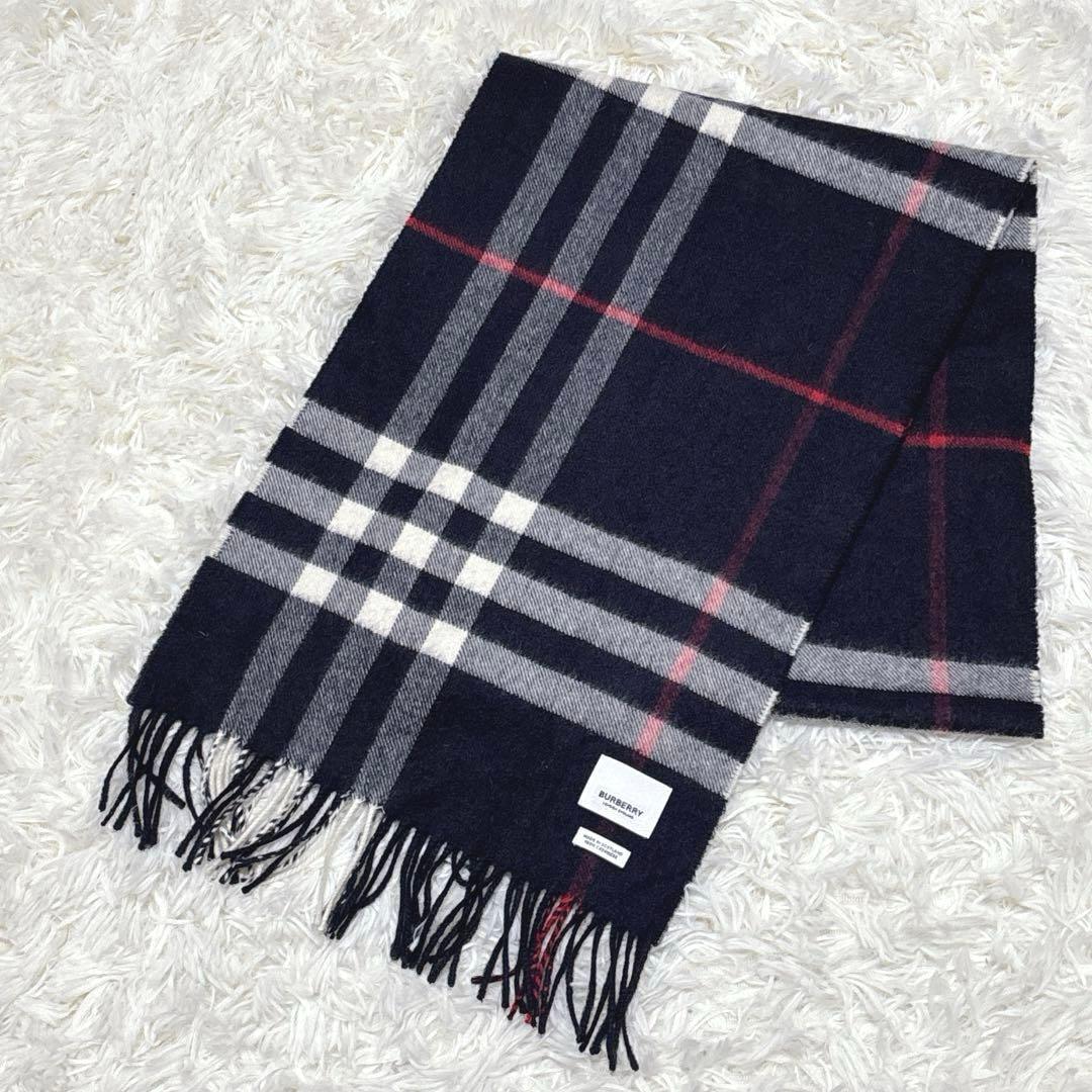 現行☆BURBERRY バーバリー　カシミヤマフラー　チェック　ネイビー