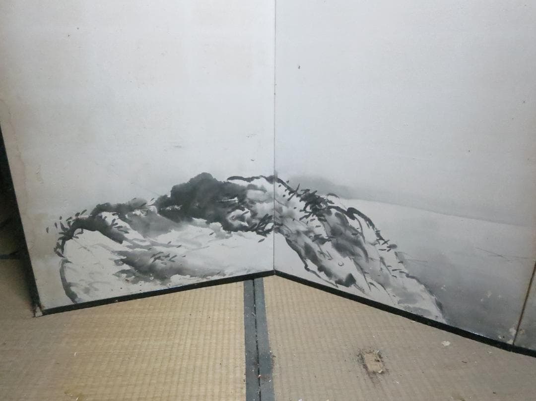 ★最終値　六曲　屛風 水墨画　楊舟 筆　2頭の虎図 古民家蔵出　衝立　間仕切