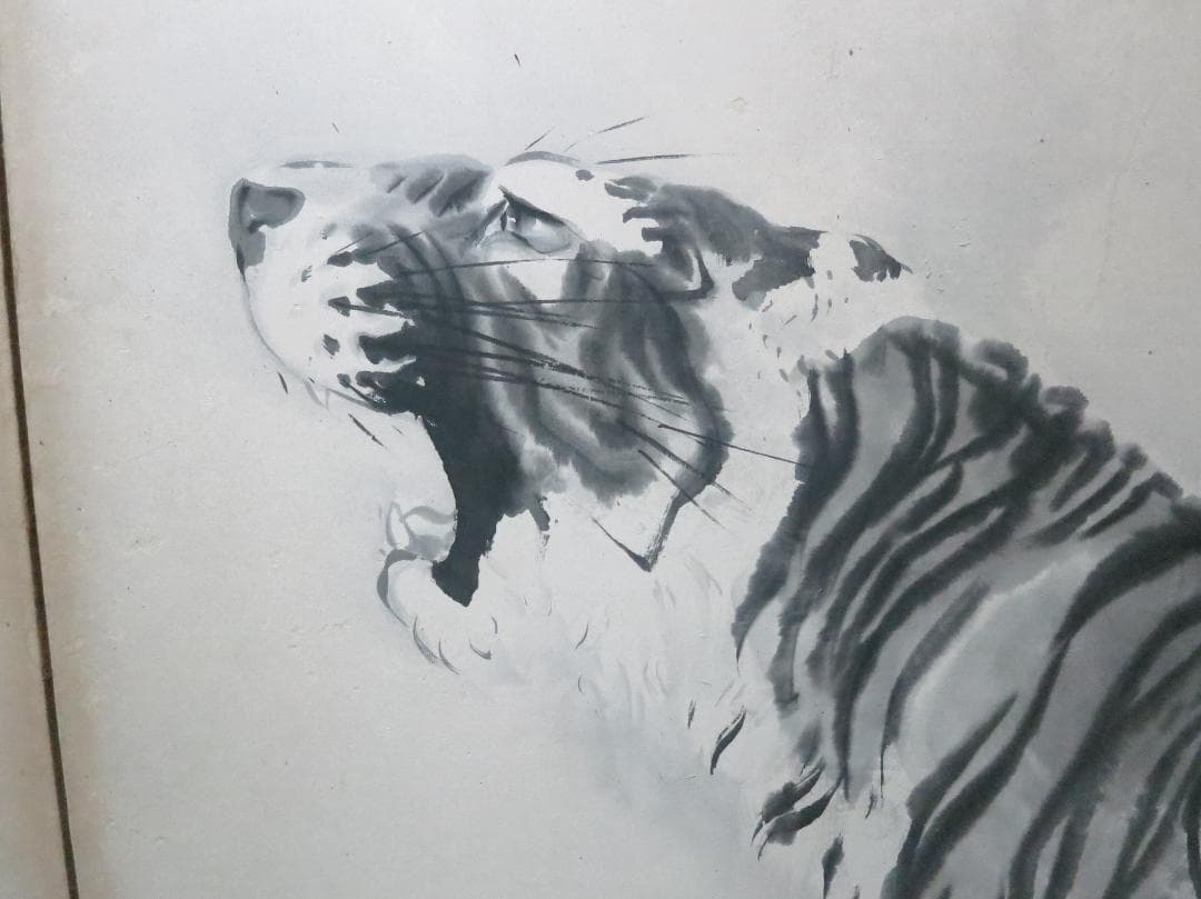 ★最終値　六曲　屛風 水墨画　楊舟 筆　2頭の虎図 古民家蔵出　衝立　間仕切