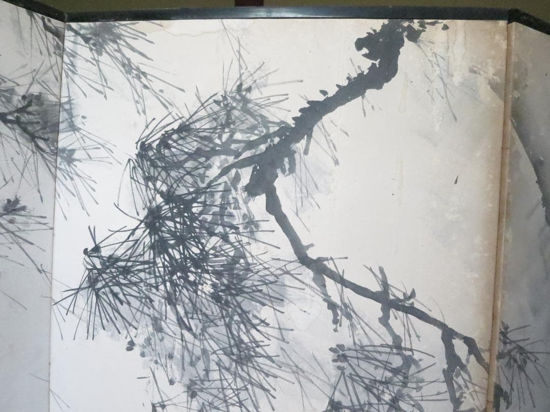 ★最終値　六曲　屛風 水墨画　楊舟 筆　2頭の虎図 古民家蔵出　衝立　間仕切