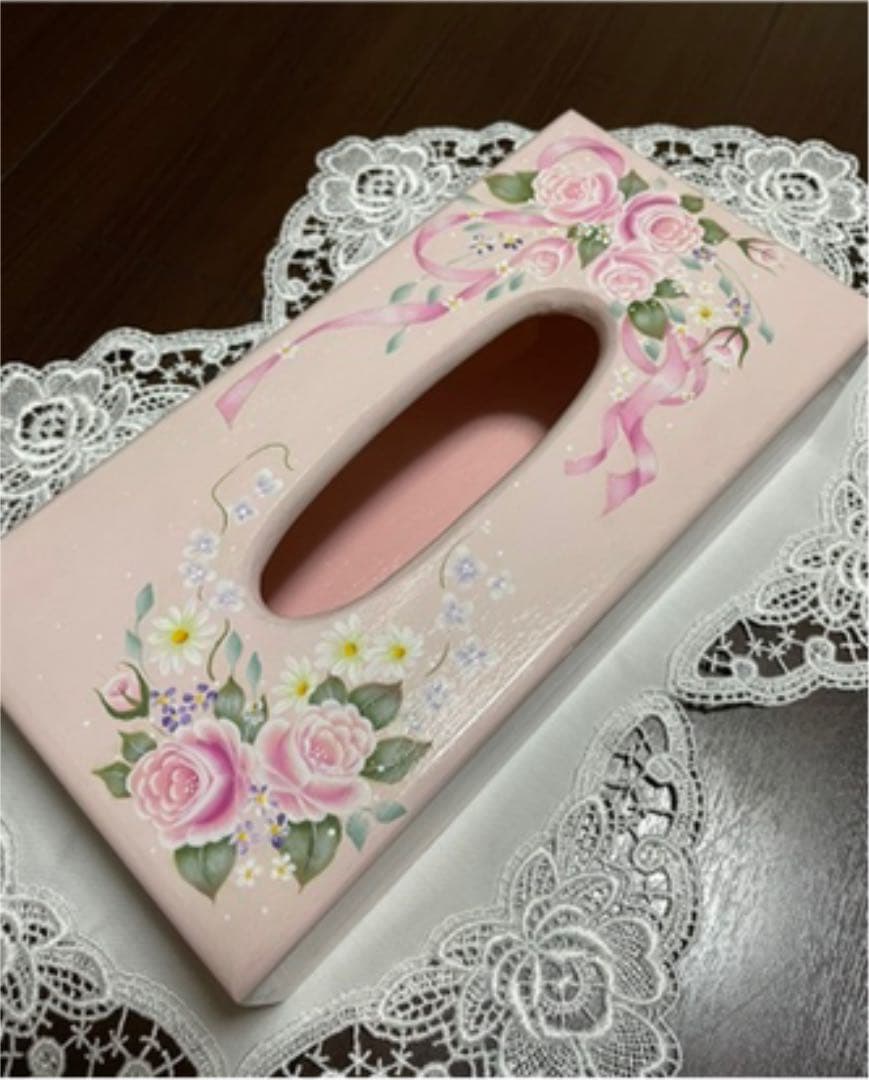 トールペイント　作品　薔薇柄ティッシュボックス