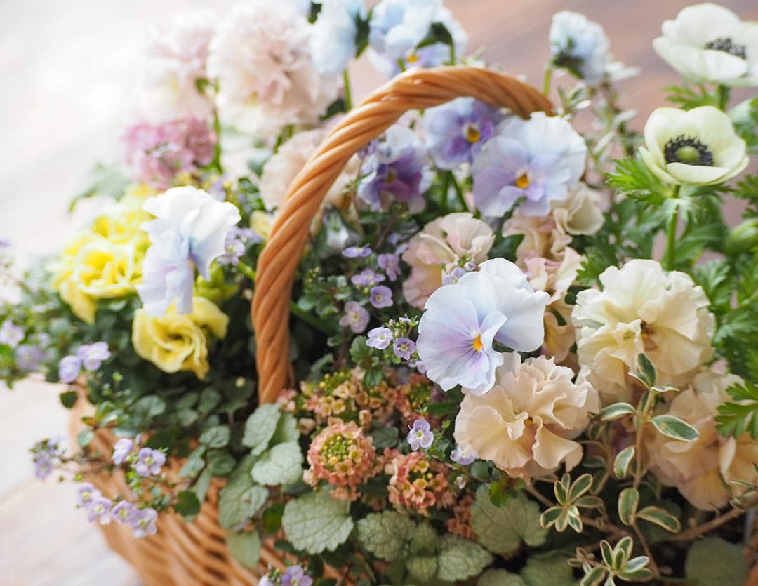 オーバルバスケットのパステルカラー寄せ植え