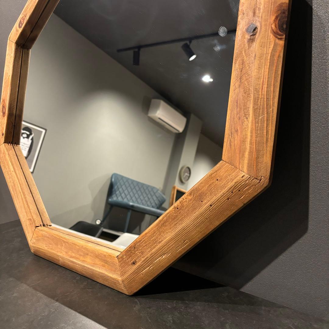 鏡　ミラー　壁掛け　立て掛け　木製フレーム　お洒落　ウッドフレーム　八角形　円形