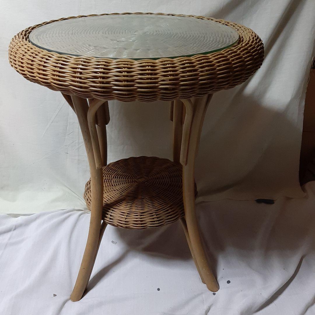 昭和レトロ◆ラタン籐ガラス テーブル二段◆高さ63cm