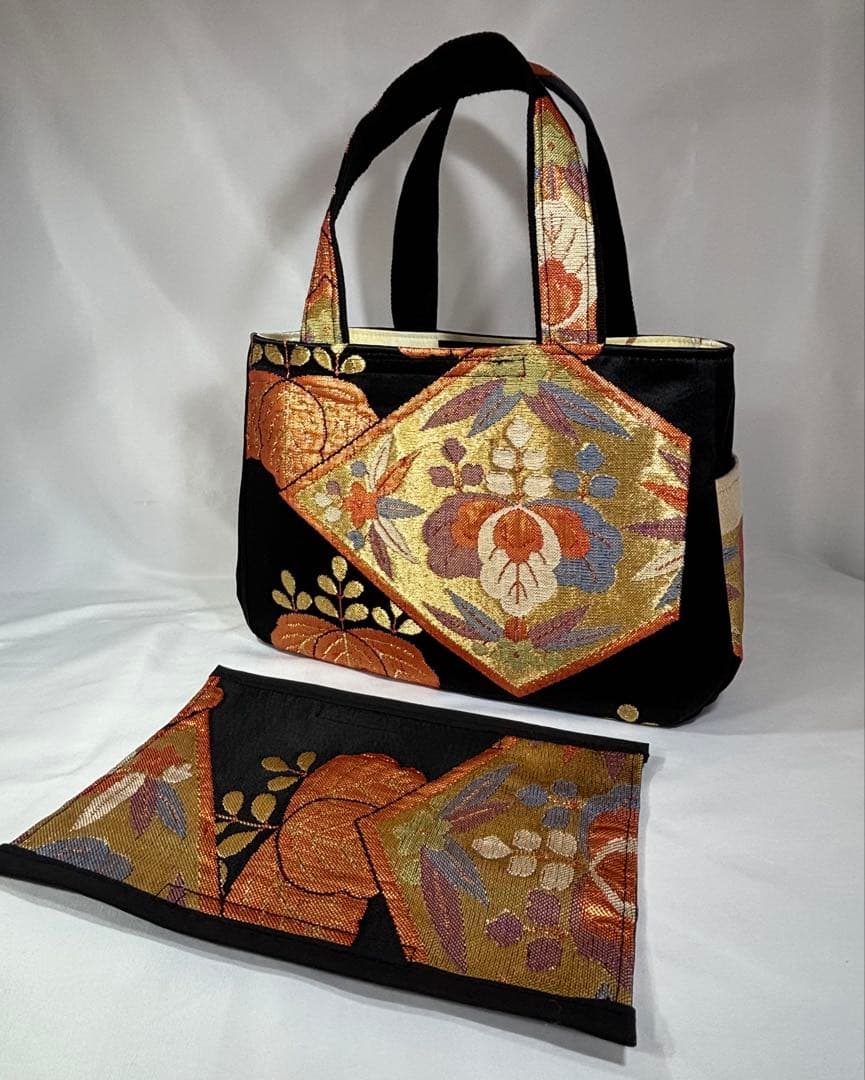 帯バッグリメイク　776番　ボート型持ち手タイプ　被せ蓋付き