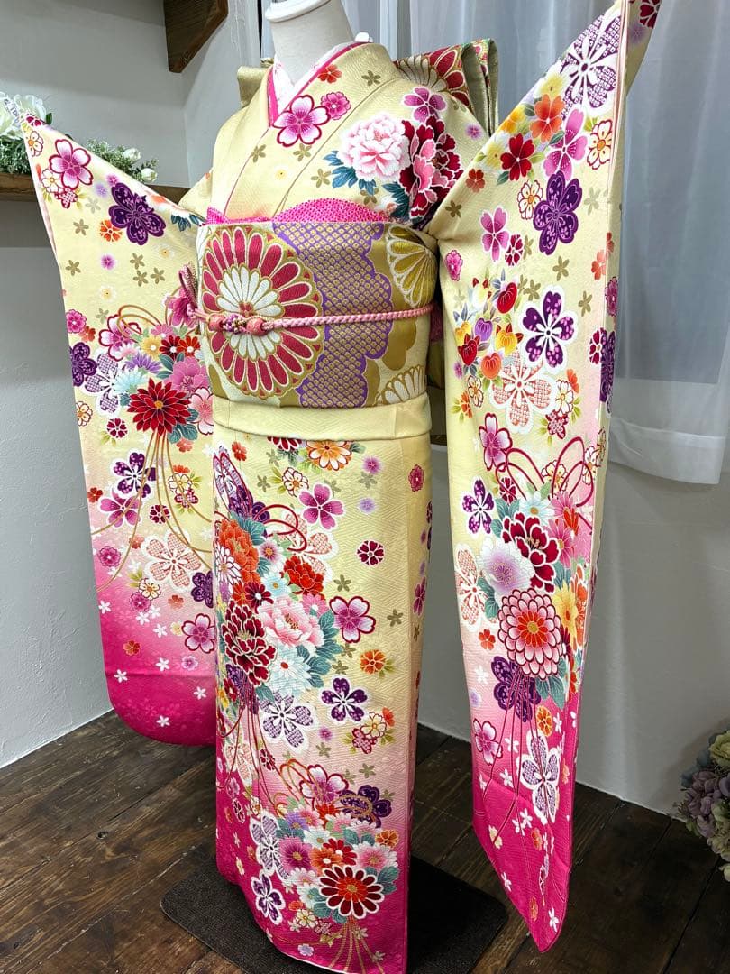 成人式　単品　1140 薄黄色&ピンク　正絹　振袖　格安！