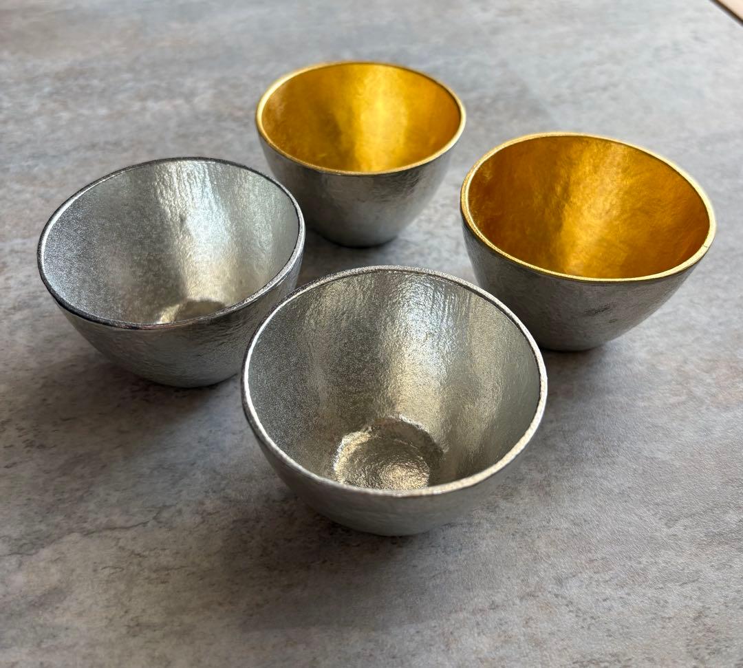 能作 錫（すず）製 お猪口 ぐい飲み シルバー 2個と金箔2個　本体のみ