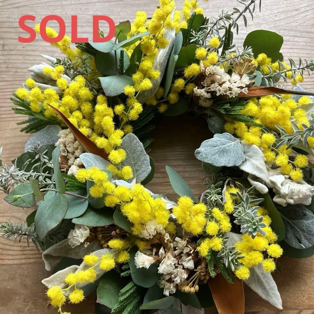ミランドール産ミモザとラムズイヤーのリース　グレビレア　ユーカリ　スターチス