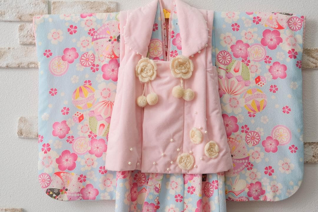 ３歳　七五三　花柄着物 ピンク水色