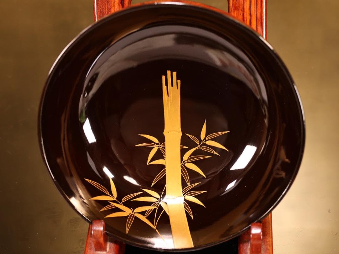 BK415　時代輪島塗　竹鶏図金蒔絵　吸物鶏　二客　木製　茶道具 懐石 会席