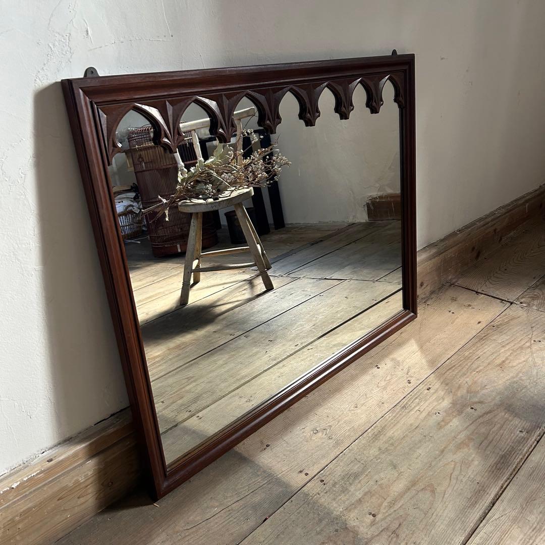 アンティーク 大型ウォールミラー 壁掛け鏡 姿見 ゴシック アーチ装飾