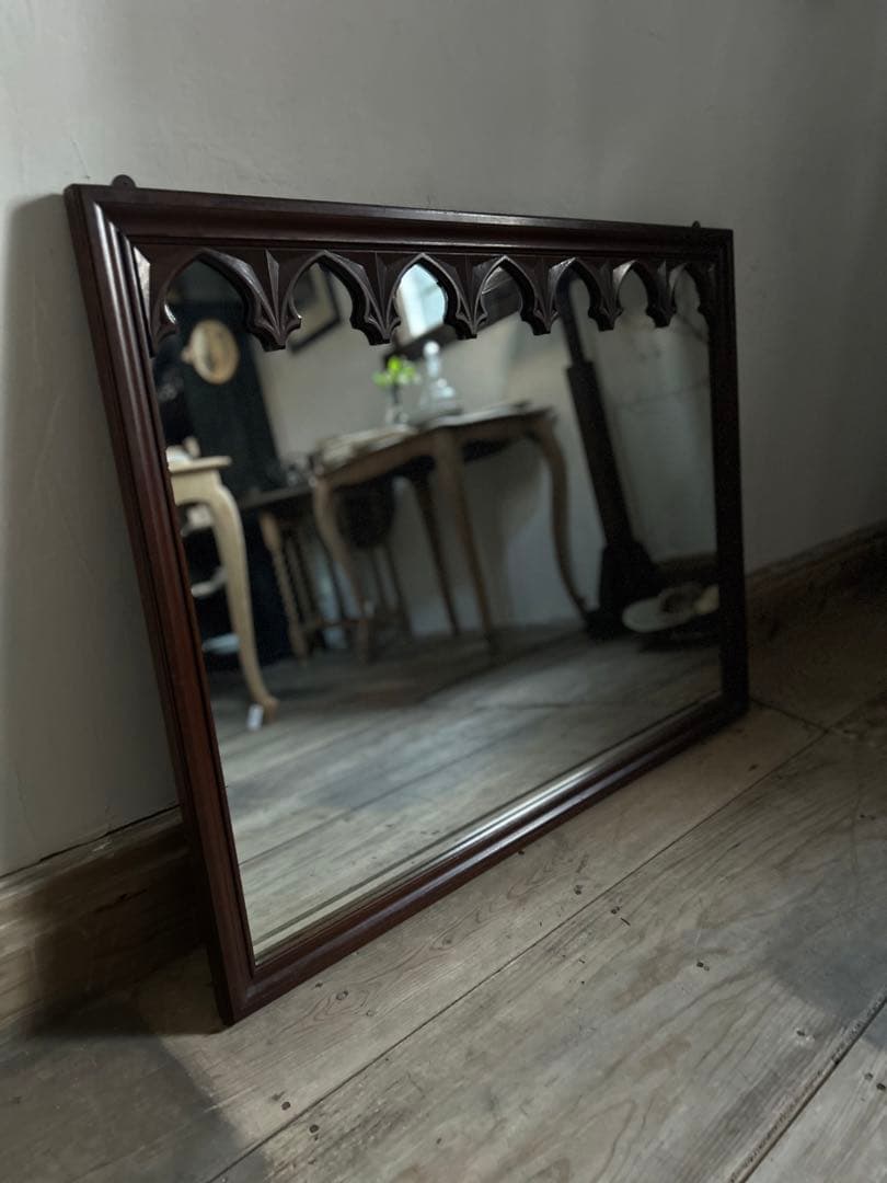 アンティーク 大型ウォールミラー 壁掛け鏡 姿見 ゴシック アーチ装飾