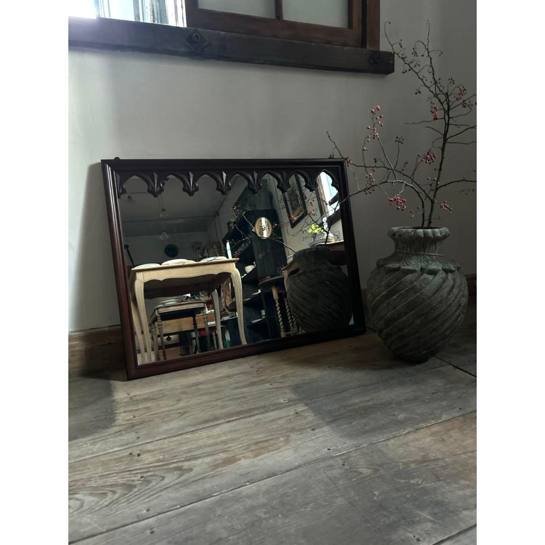 アンティーク 大型ウォールミラー 壁掛け鏡 姿見 ゴシック アーチ装飾