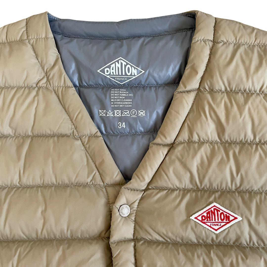 美品 ダントン ノーカラー インナー ダウン コート 34 ベージュ レディース