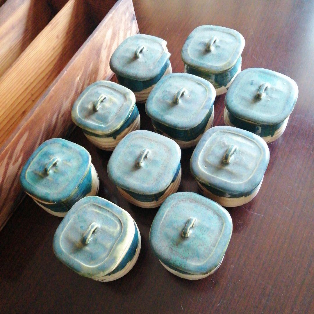 瀬戸焼　加藤作助　織部蓋付四方向付　10客　7.7cm　大正〜昭和初期