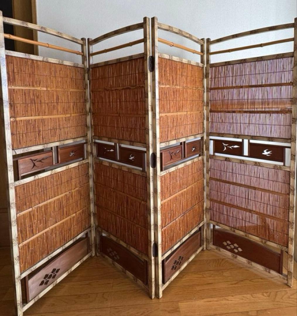 昭和レトロ 4連 衝立 パーテーション 透かし彫り 古道具