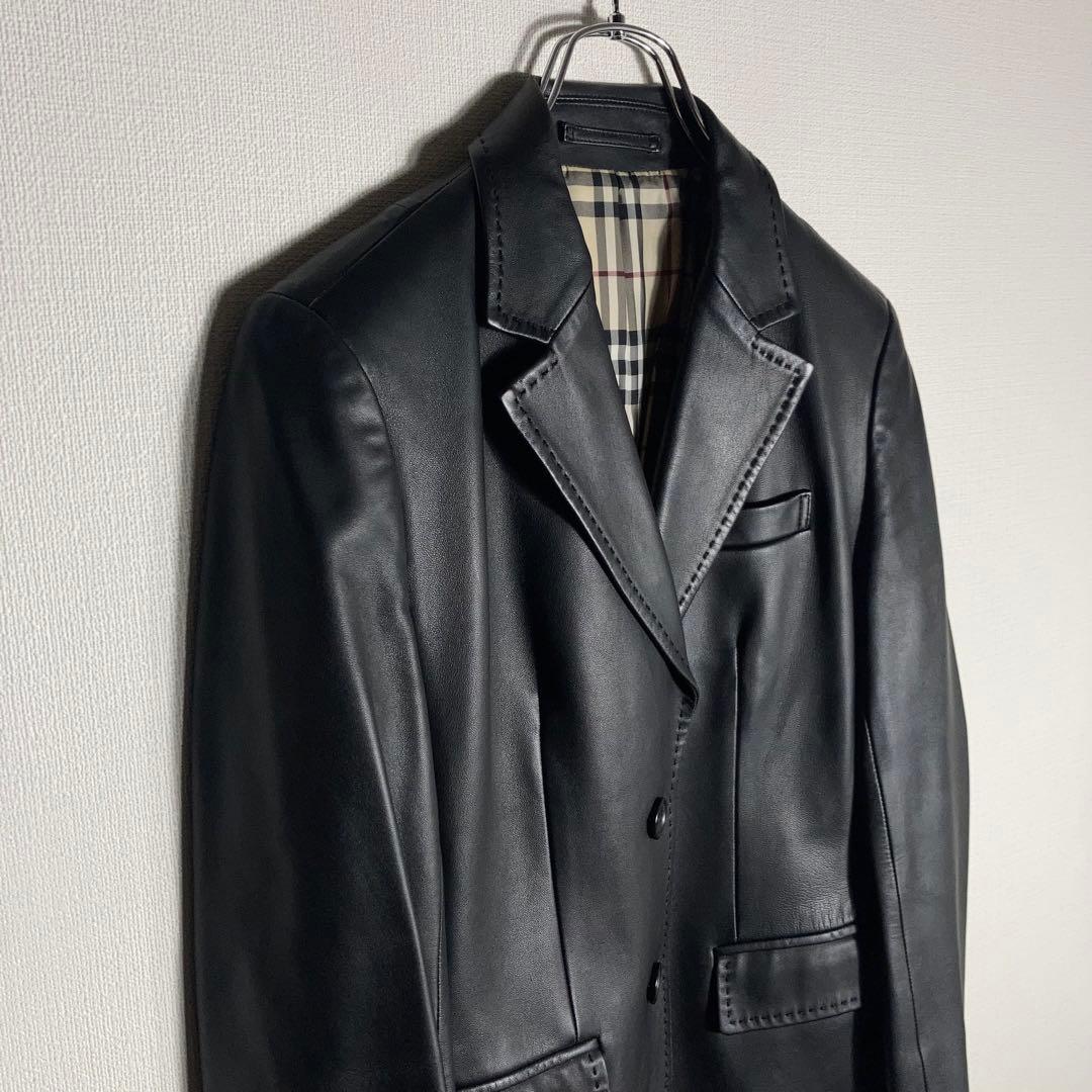 BURBERRY LONDON レザージャケット ラムレザー ノバチェック 黒.
