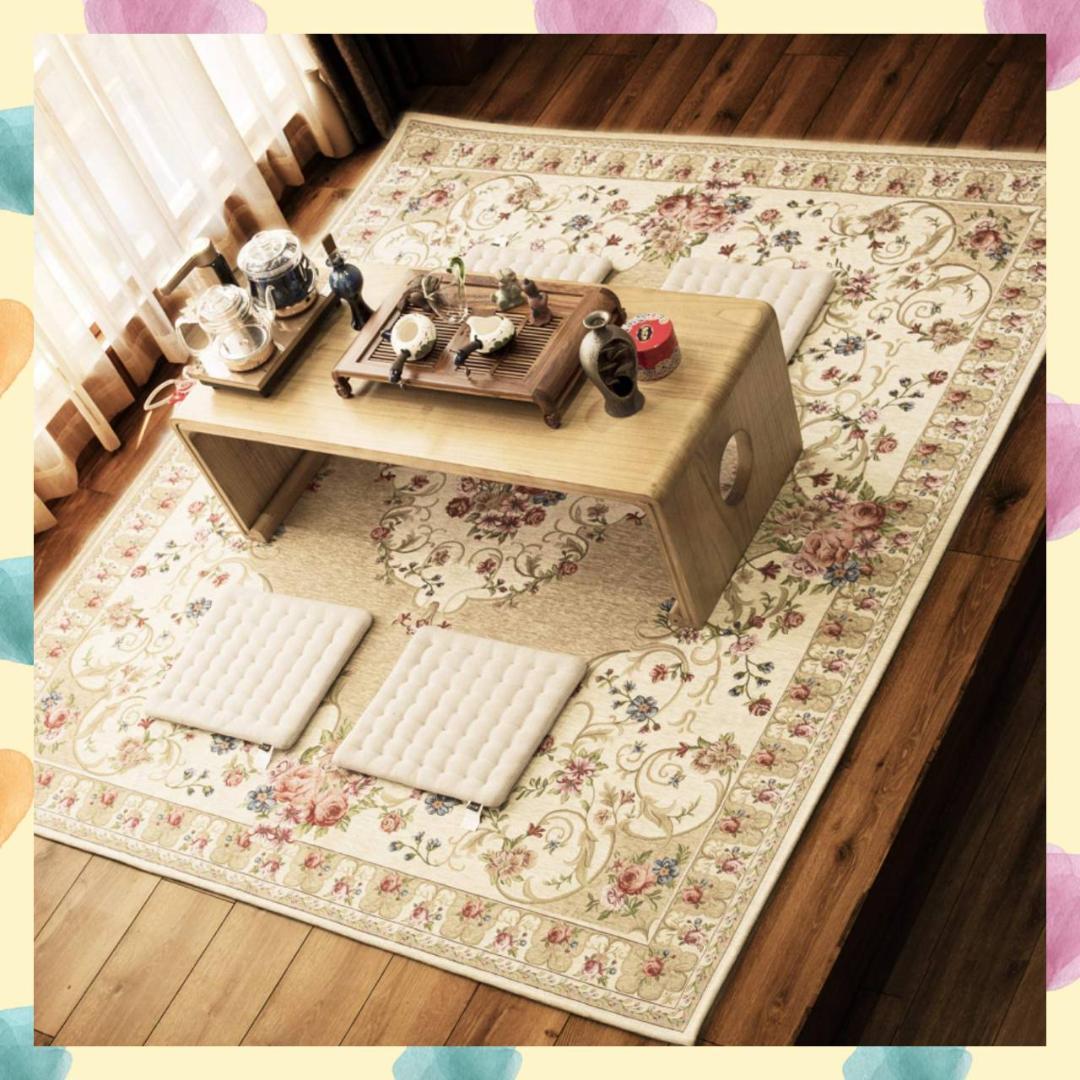 上品ローズ柄ラグマット オールシーズンOK シェニール糸