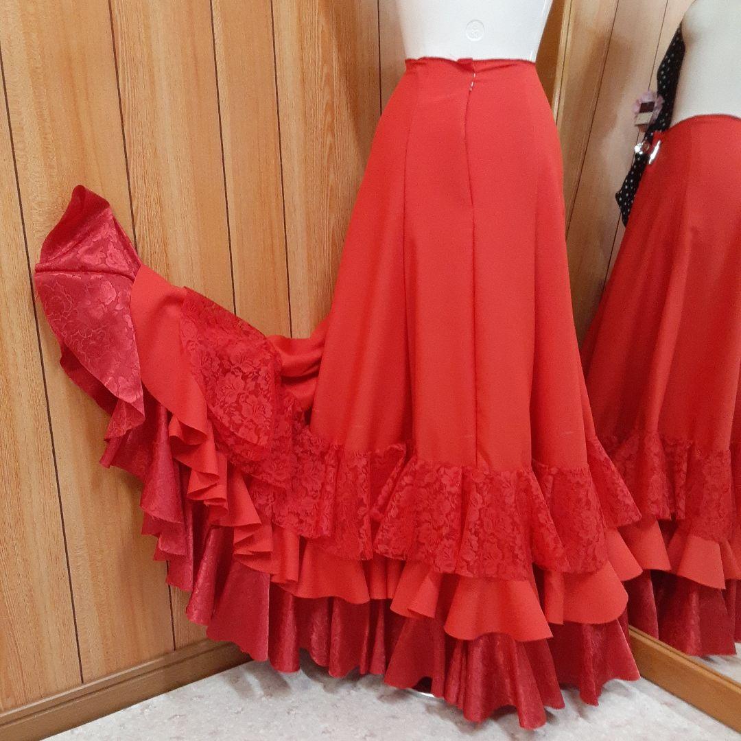 フラメンコ衣装　☆ファルダのみ☆豪華レース3段フリルレッドファルダ