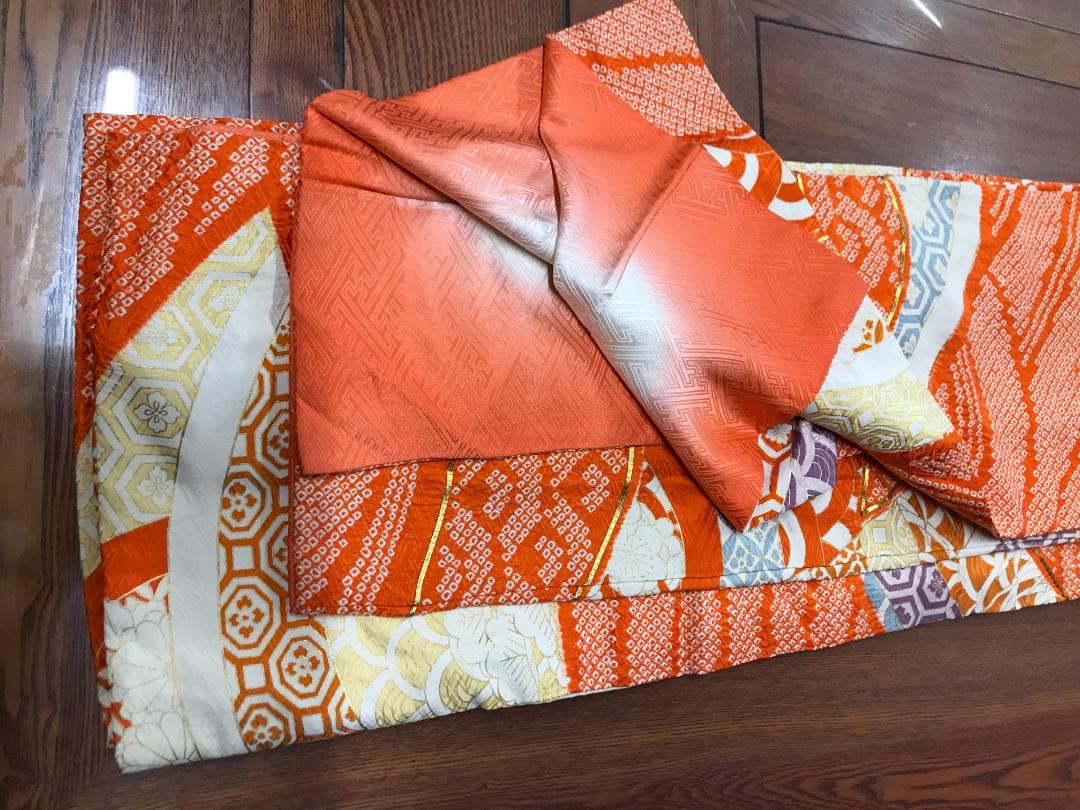 HG8847 振袖 絞り オレンジ 梅 松 菊 鱗 着丈約166.5ｃｍ 着物