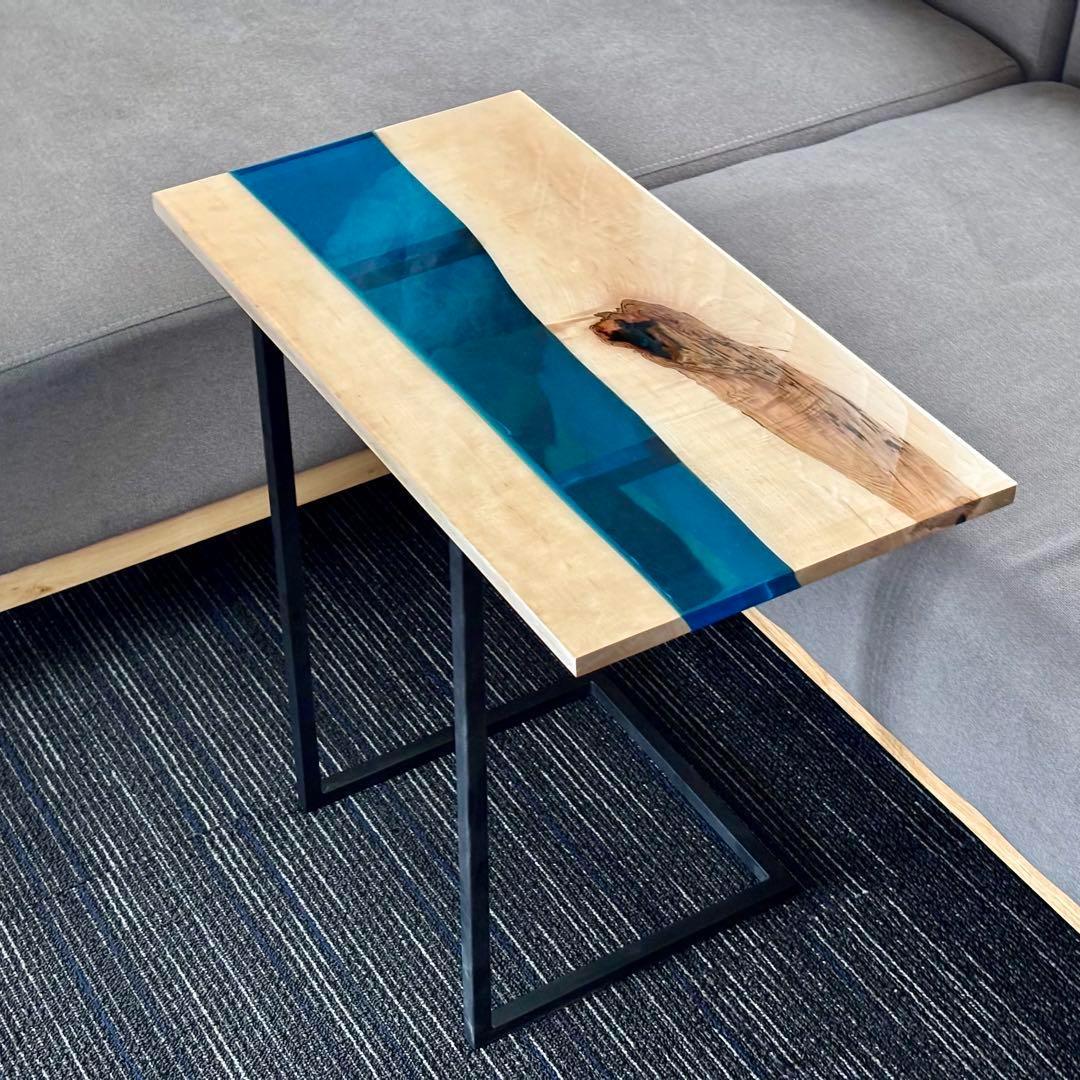 ミニテーブル サイドテーブル デスク リバー レジン 一枚板 アイアン 北欧