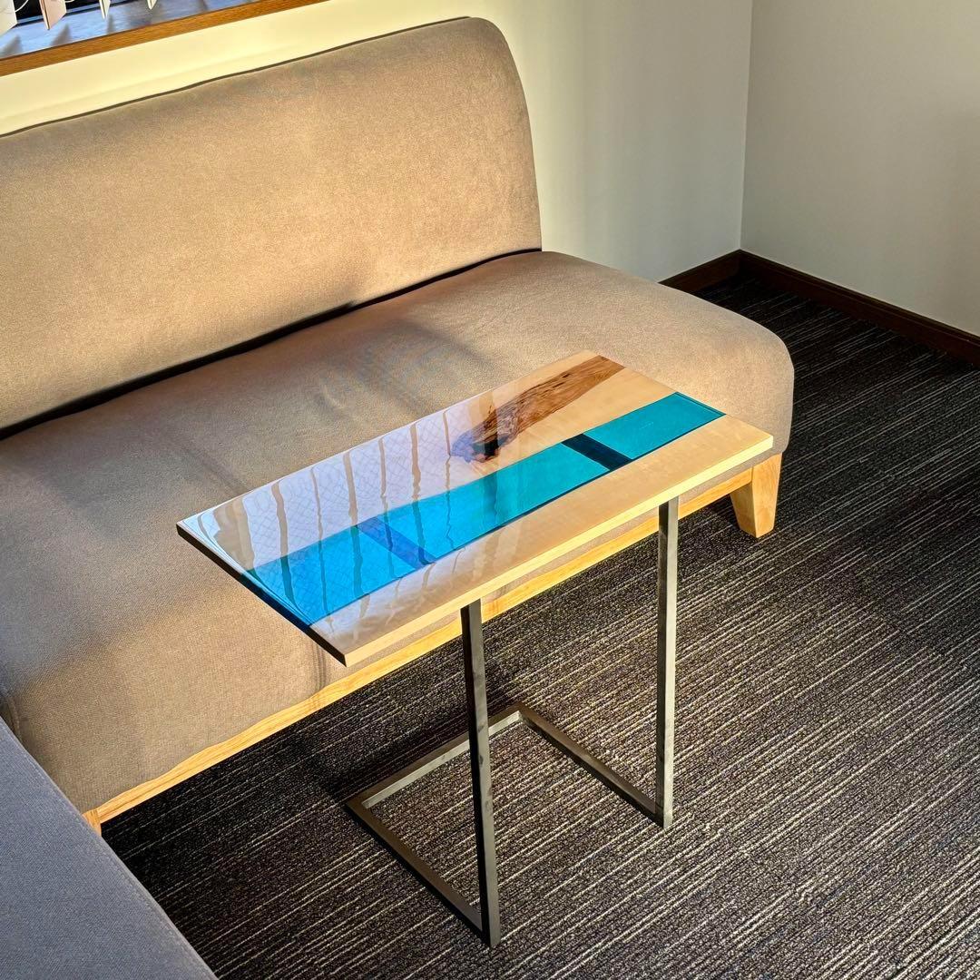 ミニテーブル サイドテーブル デスク リバー レジン 一枚板 アイアン 北欧