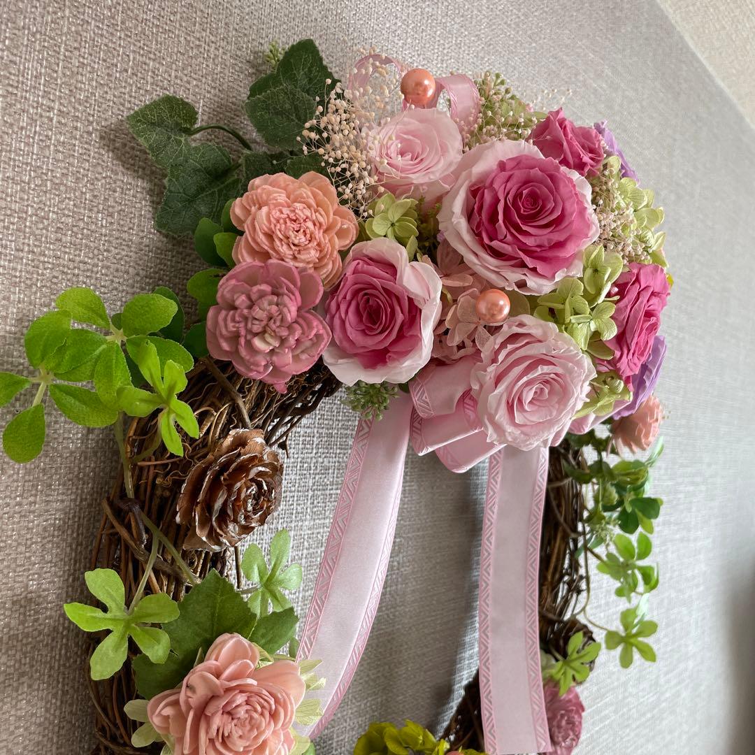 プリザーブドフラワーリース ピンク 紫　玄関リース