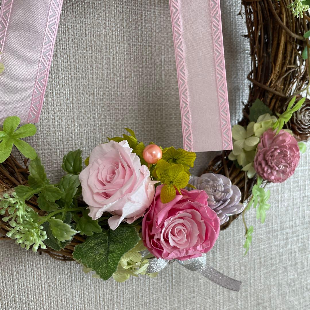 プリザーブドフラワーリース ピンク 紫　玄関リース